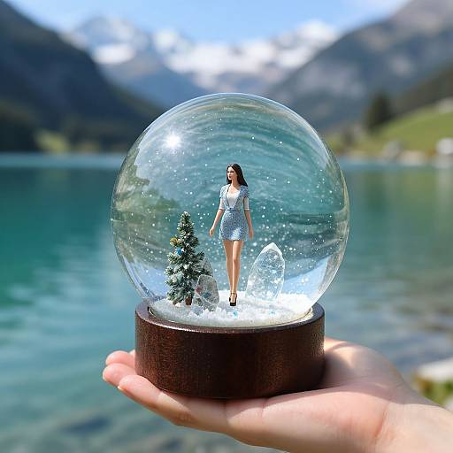 Photograph of a snow globe with a woman in a white dress, standing beside a small pine tree, held by a hand over a turquoise lake with