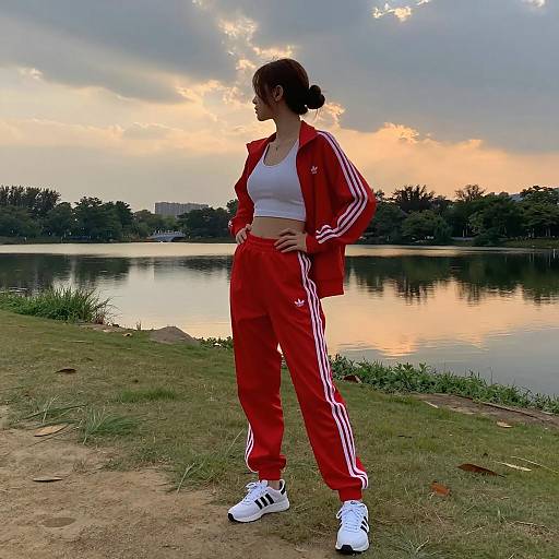 Casual Woman by the Sunset Lake