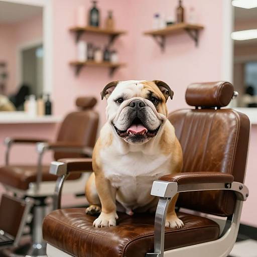 Photograph of a muscular, tan and white bulldog sitting in a brown leather dog salon chair, with pink walls and shelves in the background.