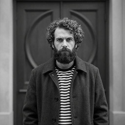 Intense Bearded Man by Wooden Door