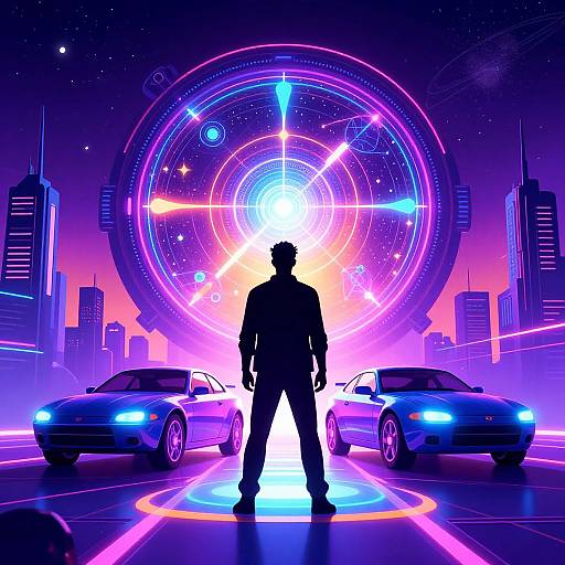 Neon Retro Sci-Fi Time Machine Scene