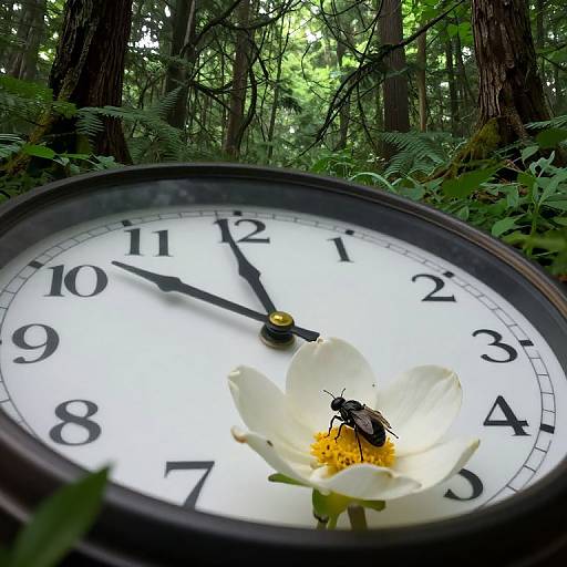 Photograph of a large clock with black numbers and hands, set in a lush forest. A black beetle sits on a white flower at the clock's