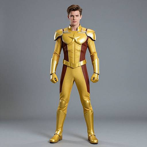 Photograph of a man in a shiny, gold and maroon superhero suit with armored shoulders and boots, standing confidently against a gray background.