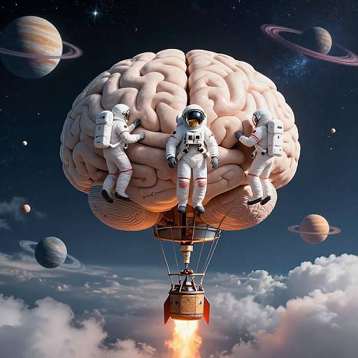 Digital artwork of three astronauts in white spacesuits sitting on a giant, inflated human brain-shaped air balloon, soaring through a starry, planetary-filled cosmos