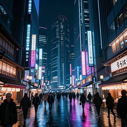 Neon-lit urban street at night in a bustling Japanese city, with colorful signs, wet pavement, and pedestrians in dark coats.