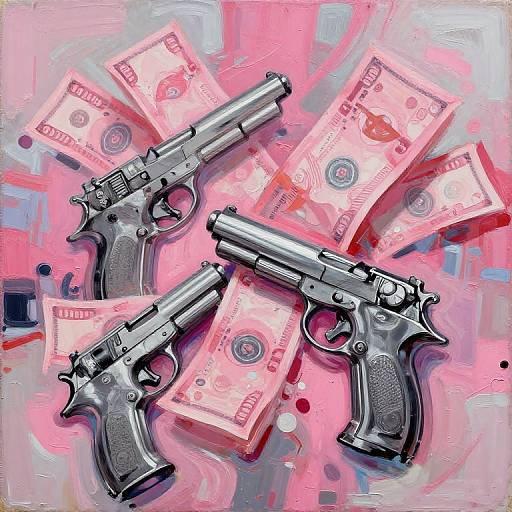 Digital painting of two silver handguns with black grips, positioned diagonally on a background of scattered pink and red $100 bills.