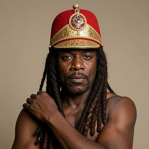 Photograph of a muscular Black man with long dreadlocks, wearing a red and gold royal crown, bare-chested, against a plain beige background.