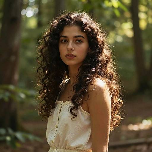Young Woman with Curly Hair in Sunlit Forest