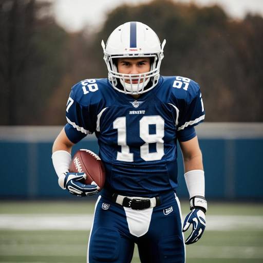 Young American Football Player in Blue Uniform