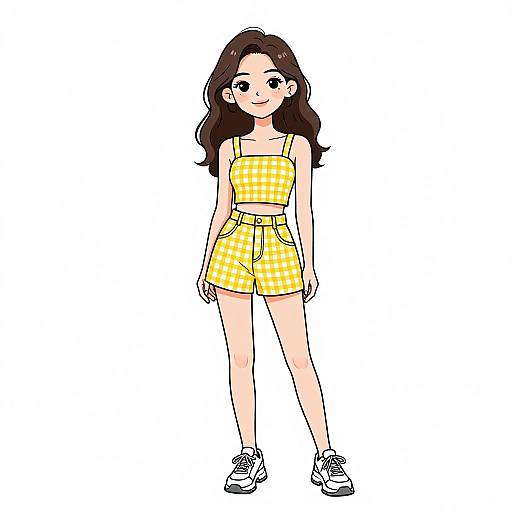 Digital drawing of a young woman with long brown hair, wearing a yellow and white checkered crop top and shorts, white sneakers, standing against a plain
