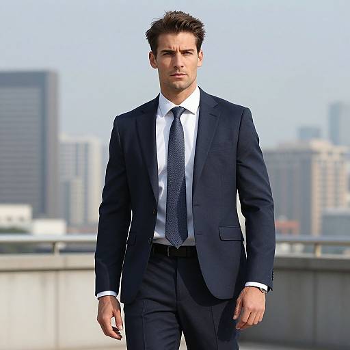 Photograph of a handsome, serious-looking man in a dark navy suit, white shirt, and blue patterned tie, standing on a rooftop with a