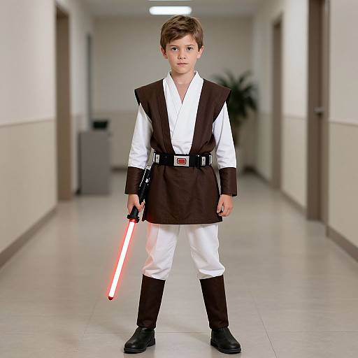 Photograph of a young boy in a Star Wars Jedi outfit, white tunic, black vest, pants, and boots, holding a glowing red lights