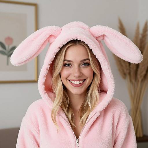 Blonde woman smiling, wearing pink fuzzy bunny hooded robe with ears, in a bright room with floral wall art and dried pampas grass.