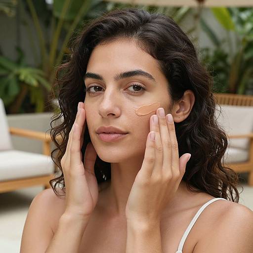 Photograph of a young woman with curly dark hair, light olive skin, and a bandage on her cheek, touching her face gently. She wears
