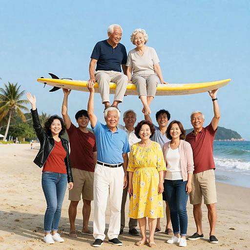 Joyful Beach Gathering with Surfboard