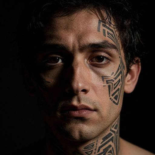 Photograph of a serious, dark-haired man with intricate black tribal tattoos on his forehead, cheek, and neck, set against a black background.