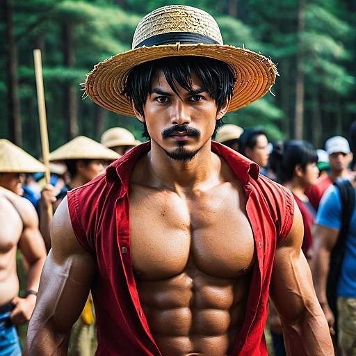 Muscular Man in Straw Hat and Red Shirt