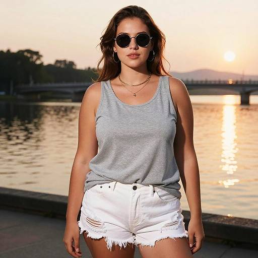Woman in Casual Summer Outfit by Lake at Sunset