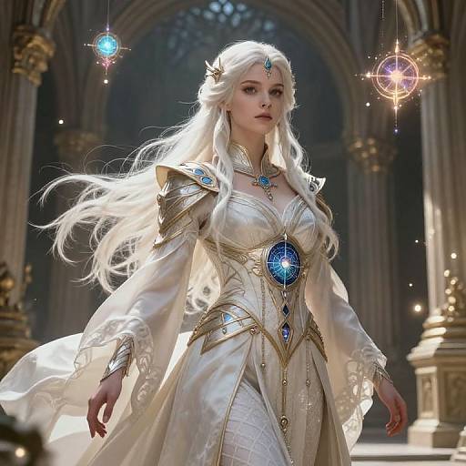 Digital artwork of a white-haired, fair-skinned, ethereal woman in a shimmering, blue-embellished white gown, standing in a