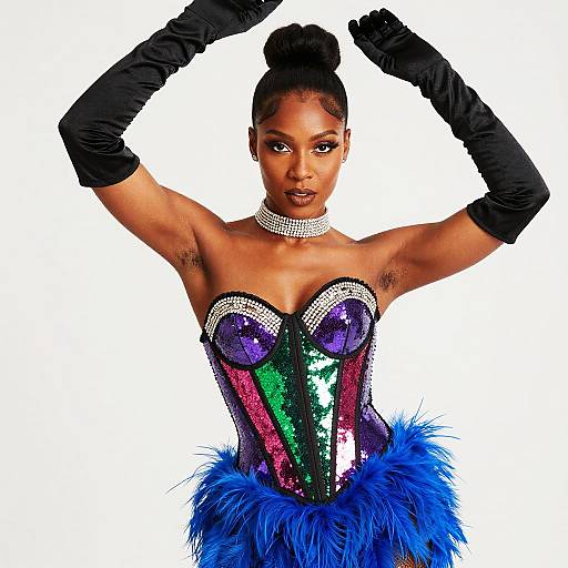 Photograph of a confident Black woman with dark skin, wearing a vibrant, sequined corset, blue feather skirt, and black gloves, arms raised