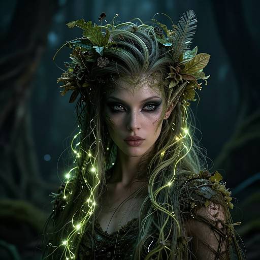 Mysterious forest elf with glowing lights in hair, dark makeup, feathered crown, and intricate black dress, illuminated by fairy lights. Digital art.