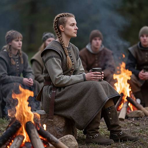 Photograph of a young woman with braided hair in medieval attire, sitting by a campfire, holding a mug, surrounded by others in similar clothing