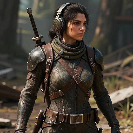 Digital artwork of a determined woman in dark, armored clothing with shoulder pads, headphones, sword sheath on back, and forest background.