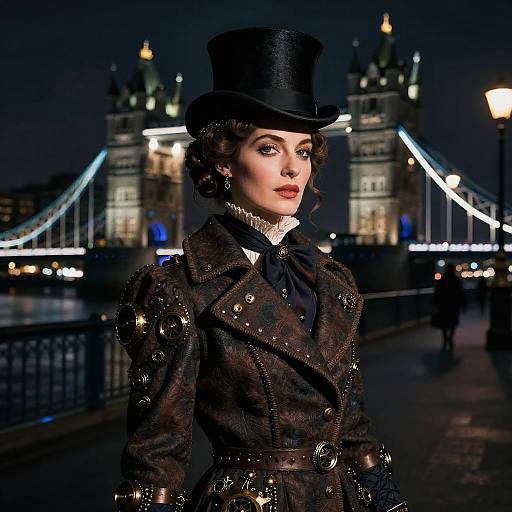 Photograph of a pale-skinned woman in Victorian attire with a top hat, standing before illuminated London Bridge at night.