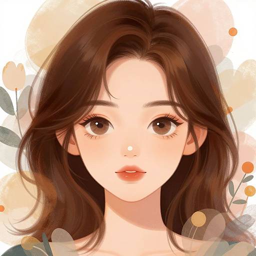 Digital anime-style portrait of a young woman with long, wavy brown hair, large brown eyes, and soft pink lips, set against a pale,