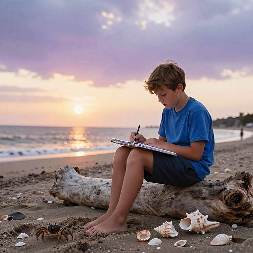 Photograph of a young boy in a blue shirt and shorts, sitting on a driftwood log at a beach, writing in a notebook at sunset,