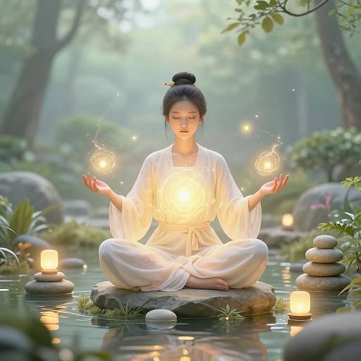 Photograph of an Asian woman in a white robe, meditating cross-legged on a rock in a serene forest pond, surrounded by glowing lanterns and