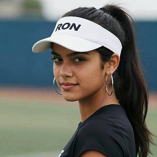 Photograph of a young woman with dark hair in a ponytail, wearing a white 
