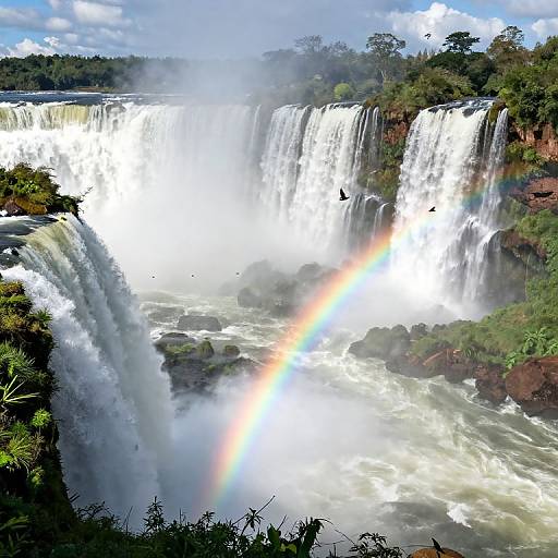 Photograph of a powerful waterfall with a vibrant rainbow, surrounded by lush greenery and mist, under a partly cloudy blue sky.