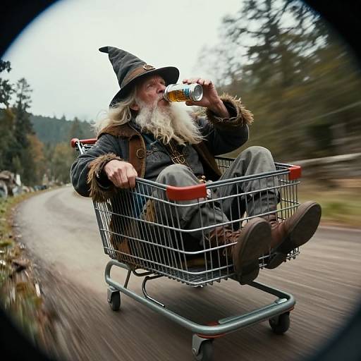 Photograph of a bearded, elderly man in a wizard hat and coat, drinking from a bottle while riding a shopping cart down a forest road.