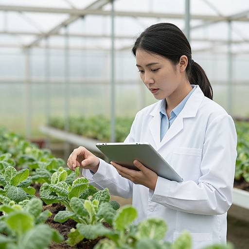 Photograph of an Asian woman in a white lab coat, black hair in a ponytail, holding a tablet, standing in a greenhouse, examining green