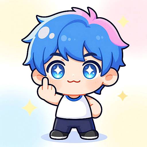 Chibi-style digital drawing of a cute boy with blue and pink hair, blue starry eyes, white tank top, black pants, and a thumbs