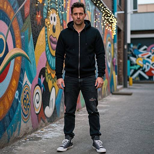 Photograph of a muscular, bearded man in a black hoodie and ripped jeans, standing in an urban alley with colorful graffiti and string lights.