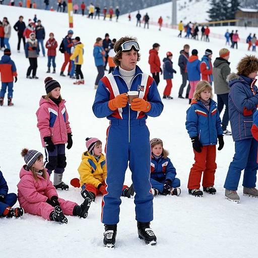 Photograph of a snowy ski slope filled with children and adults in colorful winter gear, with a man in a blue onesie and goggles standing in the