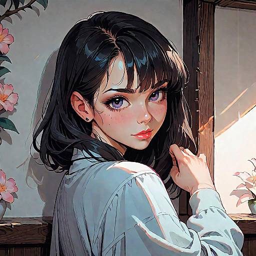 Black-Haired Anime Girl Peeking Upper Body