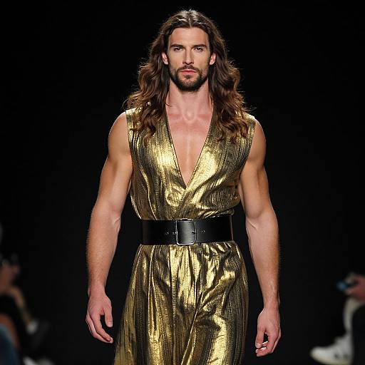 Muscular Man in Gold Dress on Runway