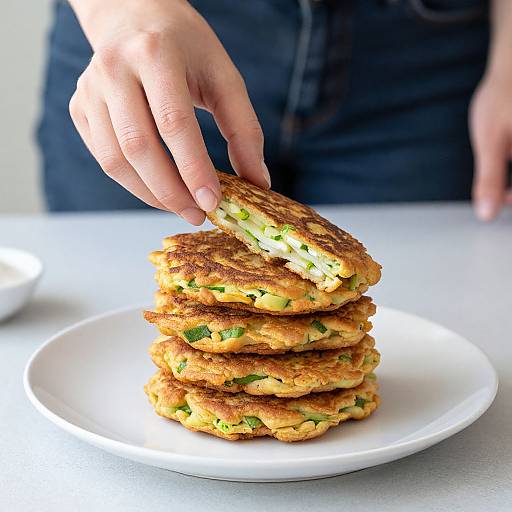 Photograph of a hand picking a golden, cheese-filled pancake from a stack on a white plate, with a person in a dark top in the