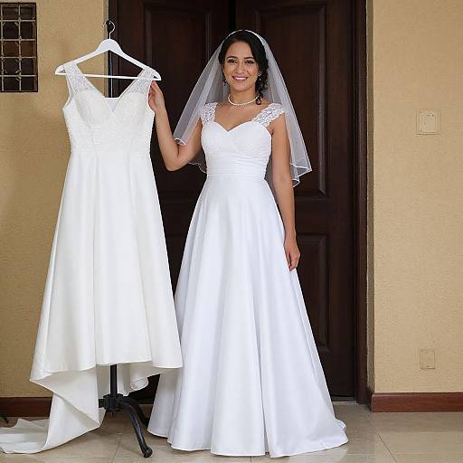 Photograph of a smiling Latina bride with dark hair, wearing a white wedding dress with lace sleeves and veil, standing in front of a dark wooden door