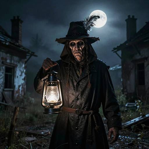 Photograph of a grimacing, shadowy figure in a dark cloak and hat, holding a glowing lantern under a full moon, with dilapidated