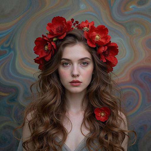 Photograph of a fair-skinned, blue-eyed young woman with long, wavy brown hair, wearing a red flower crown, against a swirling,