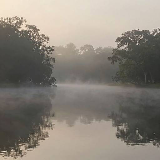 Photograph of a misty, serene lake at dawn, with reflections of tall, leafy trees on the calm water, and a soft, glowing