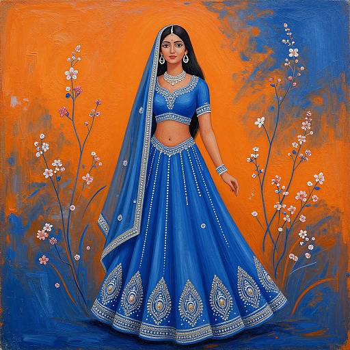 Digital painting of an Indian woman in a vibrant blue lehenga with white embroidery, veil, and jewelry, set against an orange and blue abstract background with