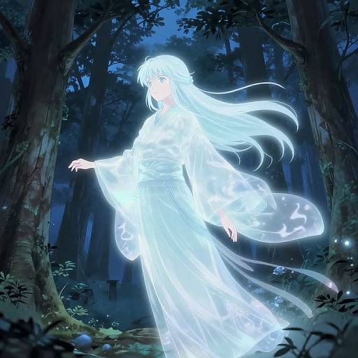 Digital anime-style artwork of a glowing, ethereal woman in a flowing white dress, standing in a dark, enchanted forest at night.