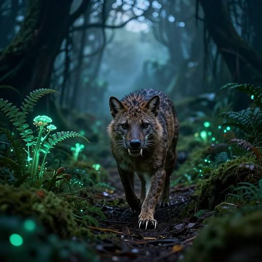 Photograph of a fierce, brown-gray wolf with piercing eyes walking through a mystical, dark forest illuminated by glowing green mushrooms.