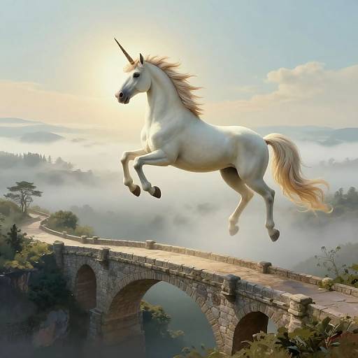 Digital artwork of a white unicorn with a golden mane and horn, mid-leap over a stone arch bridge, surrounded by misty, sunlit countryside