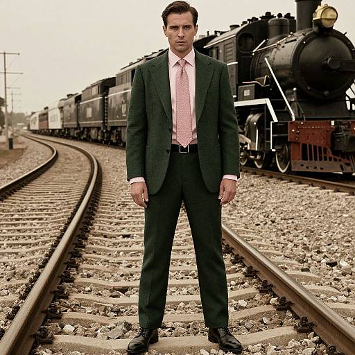 Photograph of a serious, handsome man in a dark green suit, pink tie, standing on railway tracks with a black steam locomotive in the background